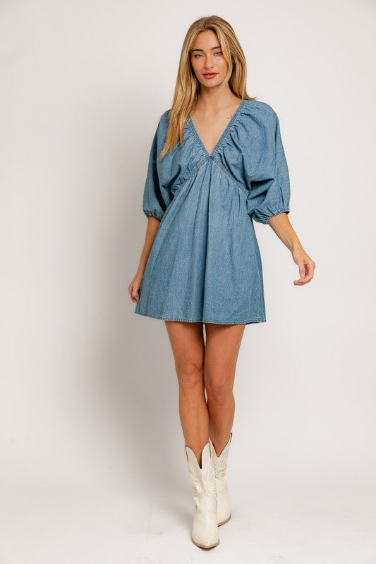 Adorable In Denim Balloon Sleeve Mini Dress