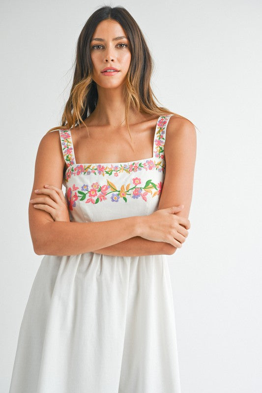 Island Blooms Linen Sleeveless Floral Embroidered Midi Dress
