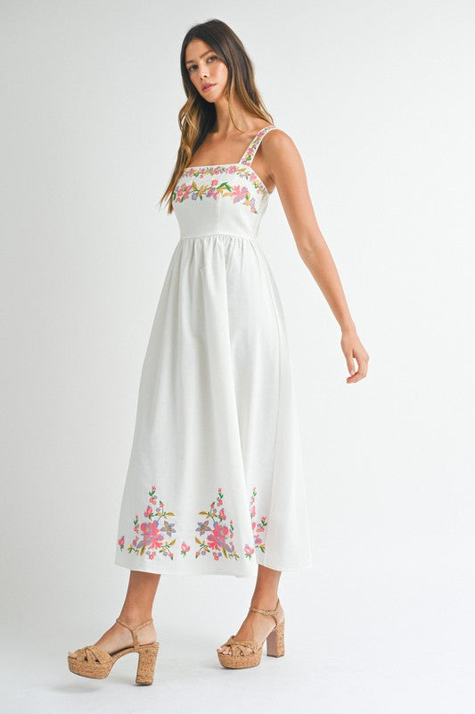 Island Blooms Linen Sleeveless Floral Embroidered Midi Dress