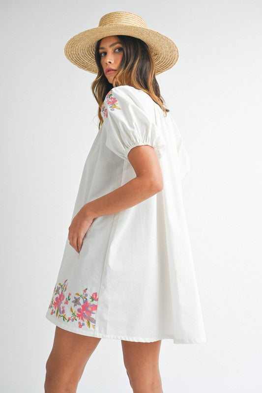 Island Blooms Linen Floral Embroidered Mini Dress