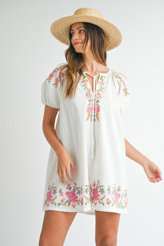 Island Blooms Linen Floral Embroidered Mini Dress