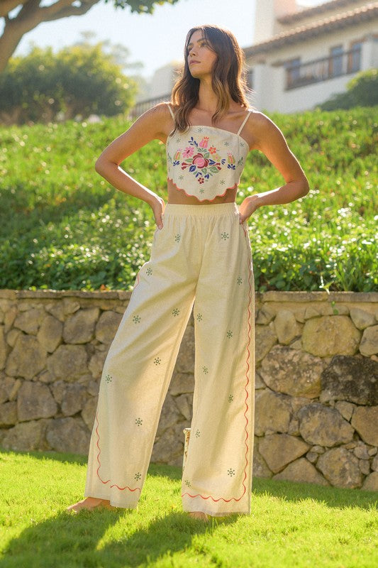 On Island Time Linen Embroidered Top & Pants Set