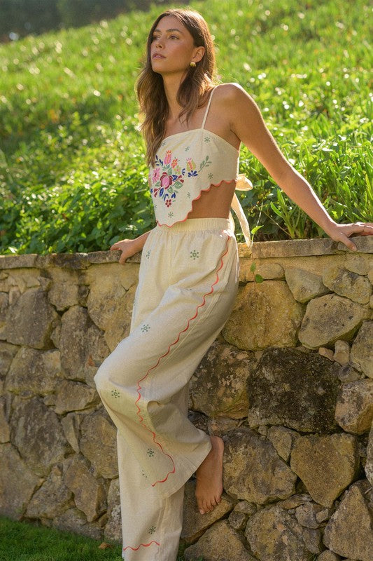 On Island Time Linen Embroidered Top & Pants Set