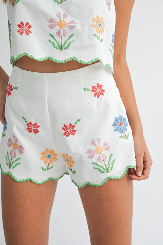 Linen Floral Scallop Breeze Shorts & Crop Top Set