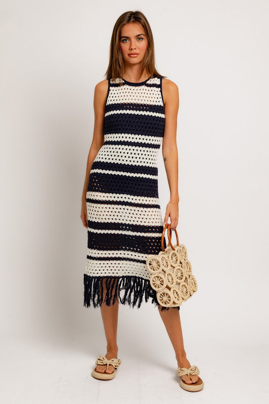 St Tropez Striped Crochet Midi Dress