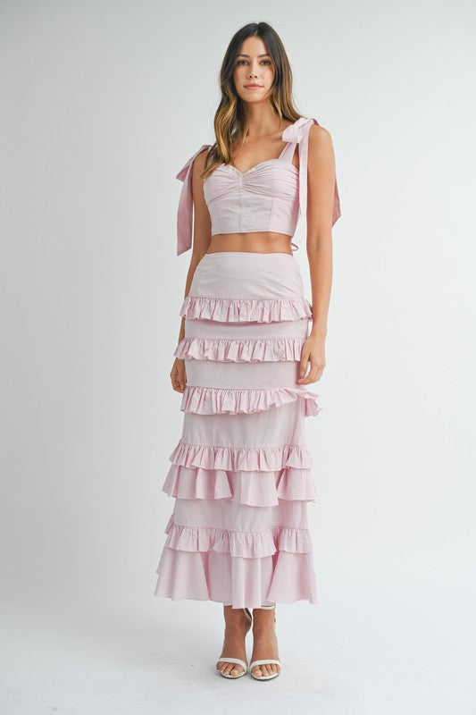 Tia Lace Up Top & Ruffle Tiered Maxi Skirt Two Piece Set