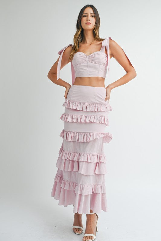 Tia Lace Up Top & Ruffle Tiered Maxi Skirt Two Piece Set
