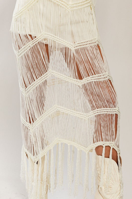 Madrid Knit Crochet Fringe Maxi Dress - White
