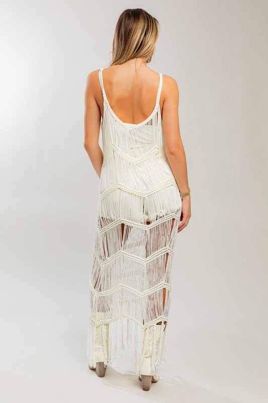 Madrid Knit Crochet Fringe Maxi Dress - White