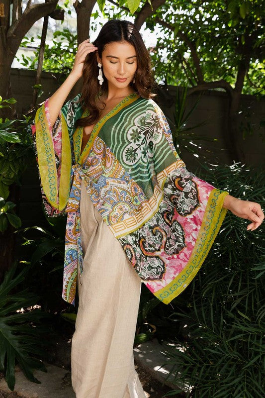 Printed Shine Tie-Front Kimono Wrap Top - Final Sale