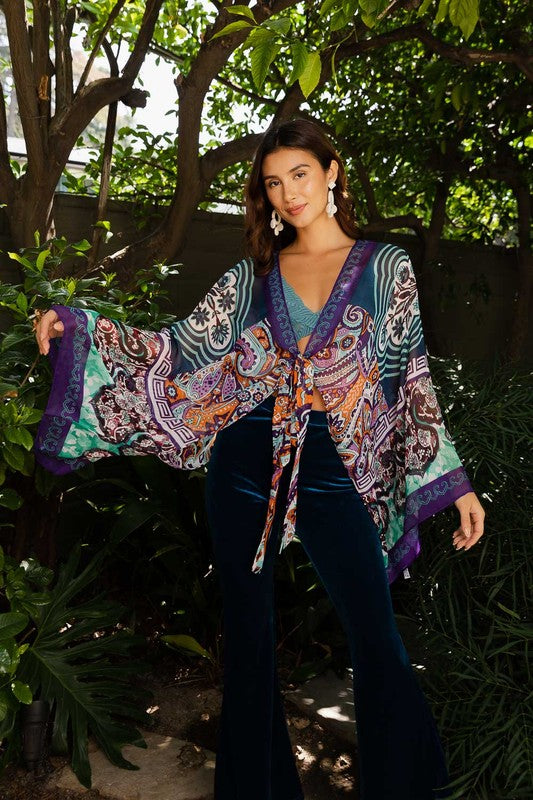 Printed Shine Tie-Front Kimono Wrap Top - Final Sale