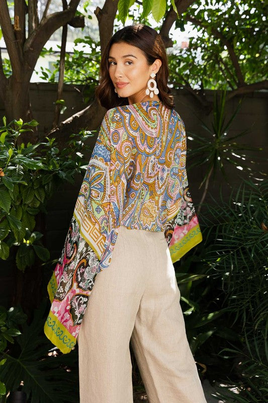 Printed Shine Tie-Front Kimono Wrap Top - Final Sale