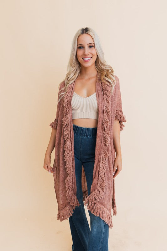 Sunbleached Cotton Fringe Ruffle Open Front Kimono