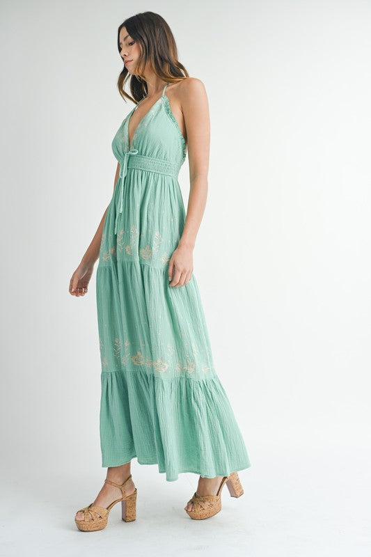 Seagreen Gauze Floral Embroidered Maxi Dress
