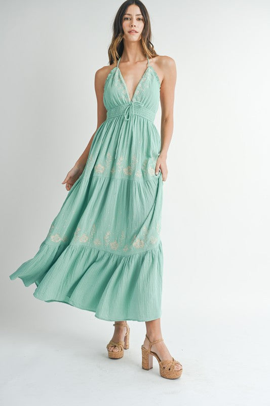The Sea Is Calling Embroidered Maxi Dress Small / Seagreen The Sea Is Calling Embroidered Maxi Dress Small / Seagreen