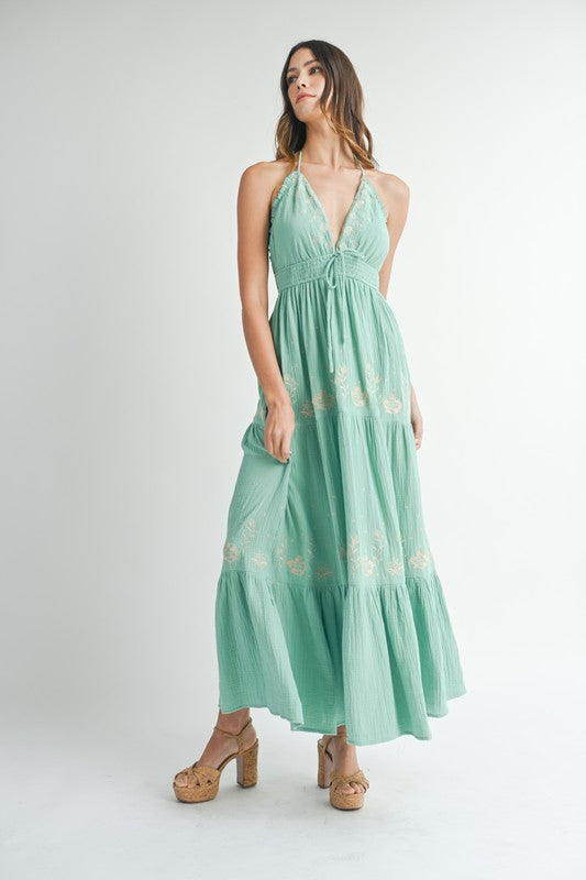 Seagreen Gauze Floral Embroidered Maxi Dress