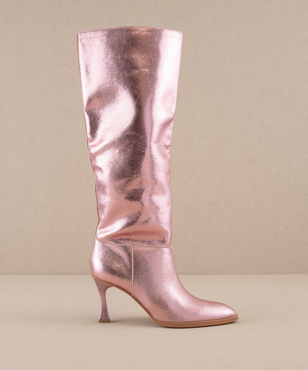 Balen Metallic Pink Croc Print Stiletto Knee High Boots