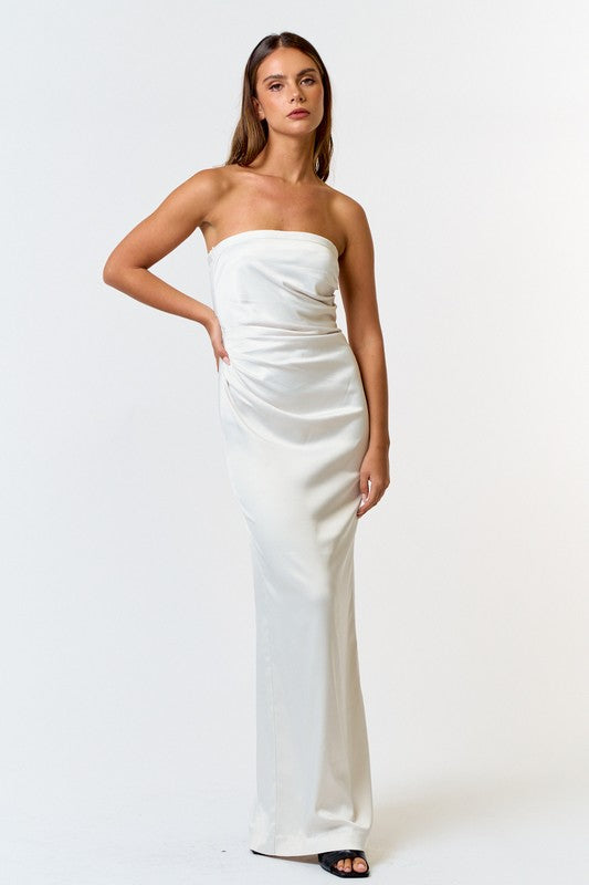 About Time Satin Pleated Tube White Maxi Dress