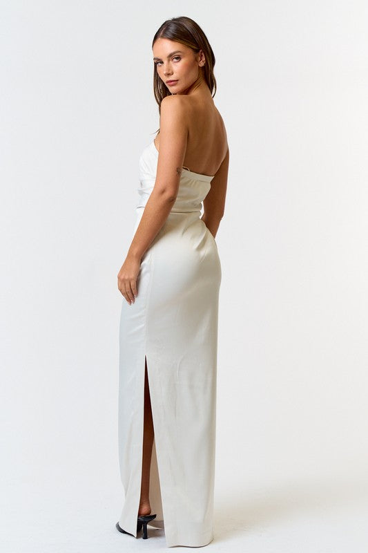 About Time Satin Pleated Tube White Maxi Dress