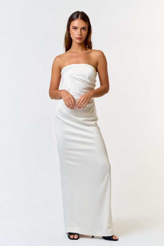 About Time Satin Pleated Tube Maxi Dress