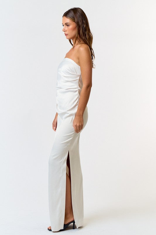 About Time Satin Pleated Tube White Maxi Dress