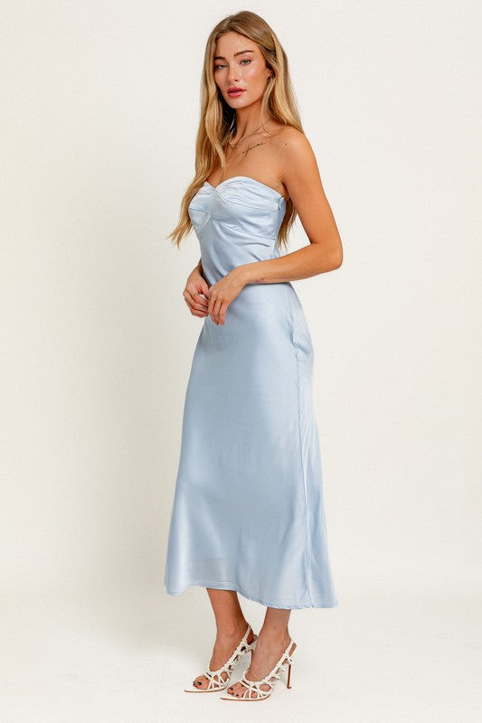 PREORDER - Satin Sky Strapless Midi Dress