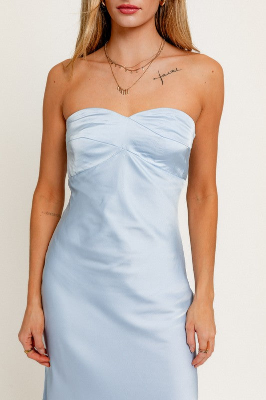 PREORDER - Satin Sky Strapless Midi Dress