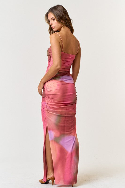 Cordelia Tie Dye Ruched Side Slit Sleeveless Maxi Dress