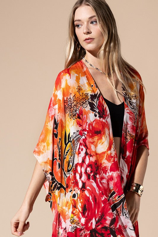 Cosmos Floral Print Open Front Kimono