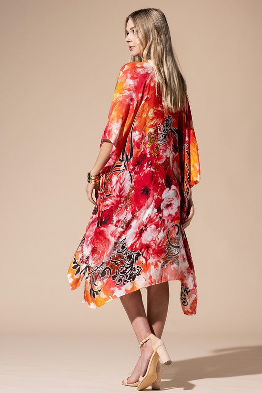 Cosmos Floral Print Open Front Kimono