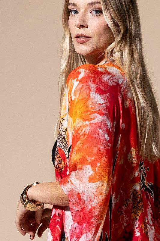 Cosmos Floral Print Open Front Kimono