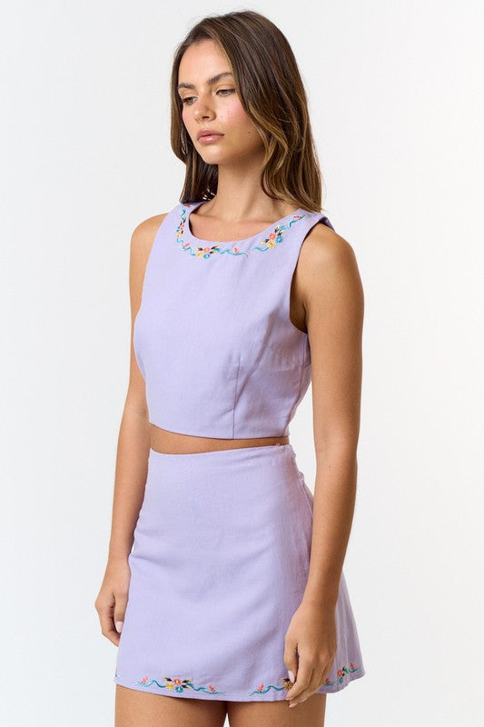 Lavender Floral Embroidered Linen Top & Mini Skirt Set