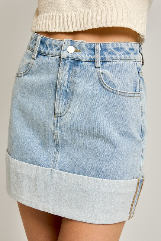 PREORDER - High Waisted Cuffed Denim Mini Skirt