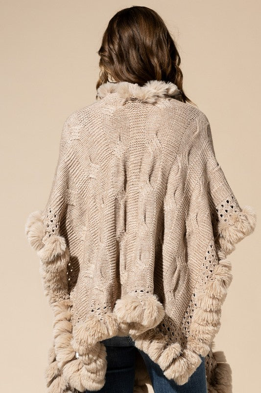 Vegan Fur Trimmed Cable Knit Woven Ruana Sweater