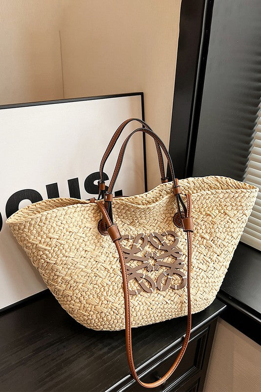 Palm Leaf Monogram Straw Tote Bag
