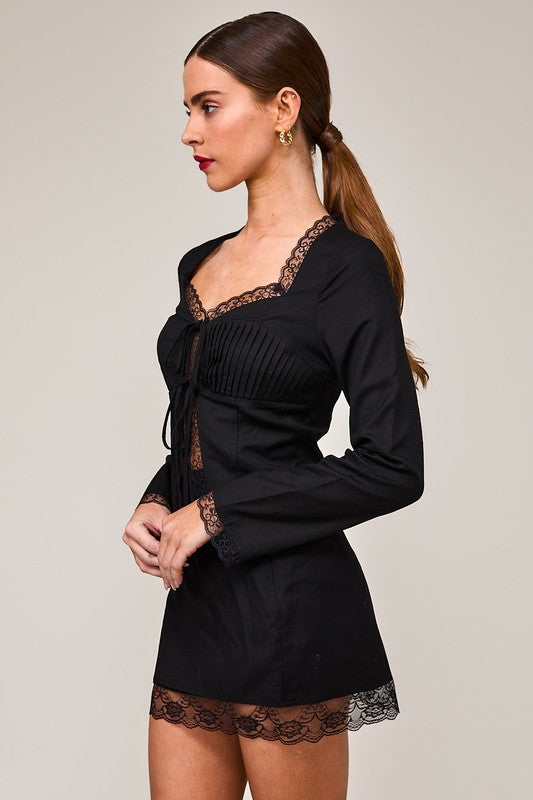 Hunton Lace Trimmed Front Tie Long Sleeve Top