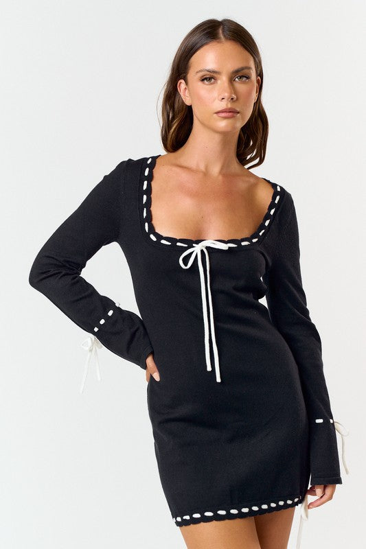 sweater mini dress long sleeve Olina Bow Long Sleeve Sweater Mini Dress Final Sale / Black / L