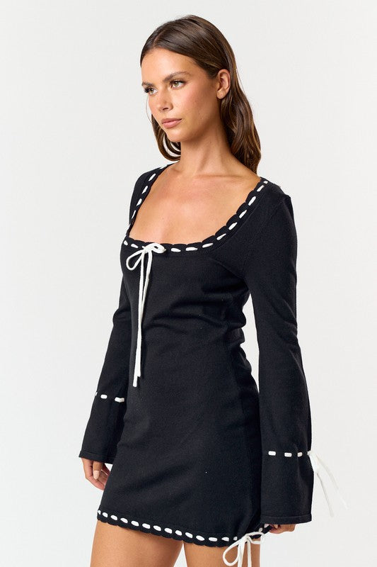 Olina Bow Long Sleeve Sweater Mini Dress Final Sale / Black / L Olina Bow Long Sleeve Sweater Mini Dress Final Sale / Black / L