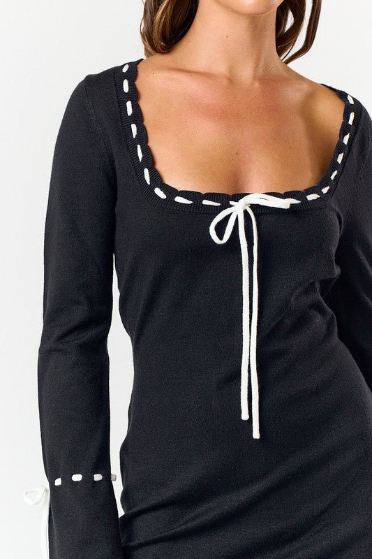 Olina Bow Long Sleeve Sweater Mini Dress Final Sale / Black / L Olina Bow Long Sleeve Sweater Mini Dress Final Sale / Black / L