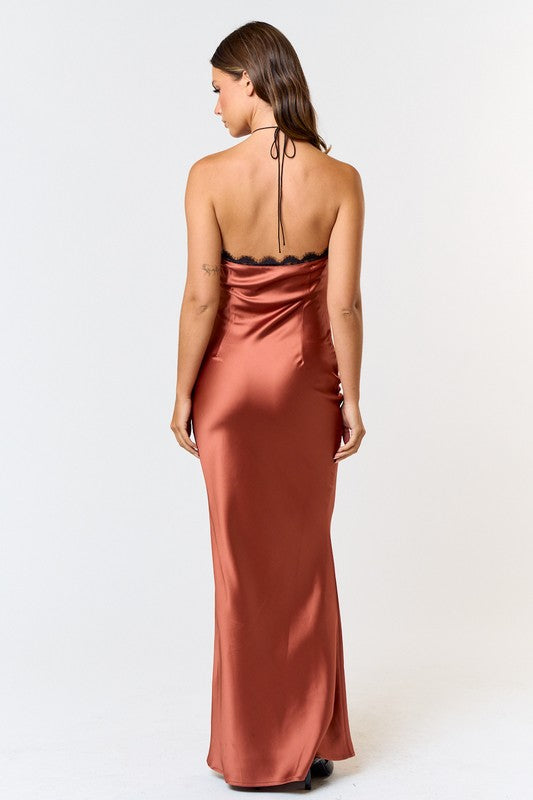 Love In Your Life Satin Rust Brown Halter Maxi Dress