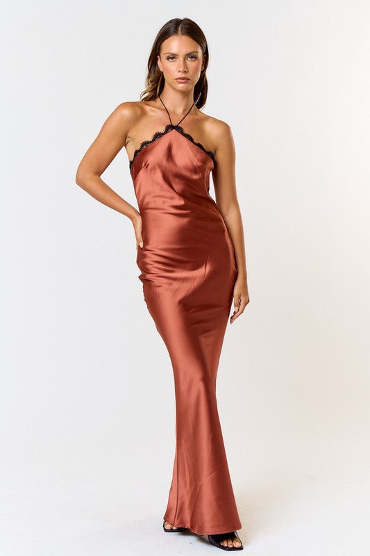 Love In Your Life Satin Rust Brown Halter Maxi Dress