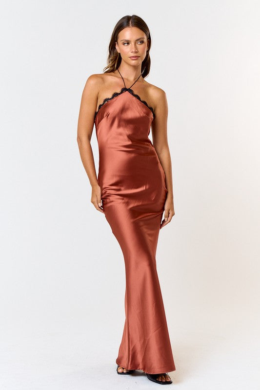 Love In Your Life Satin Rust Brown Halter Maxi Dress