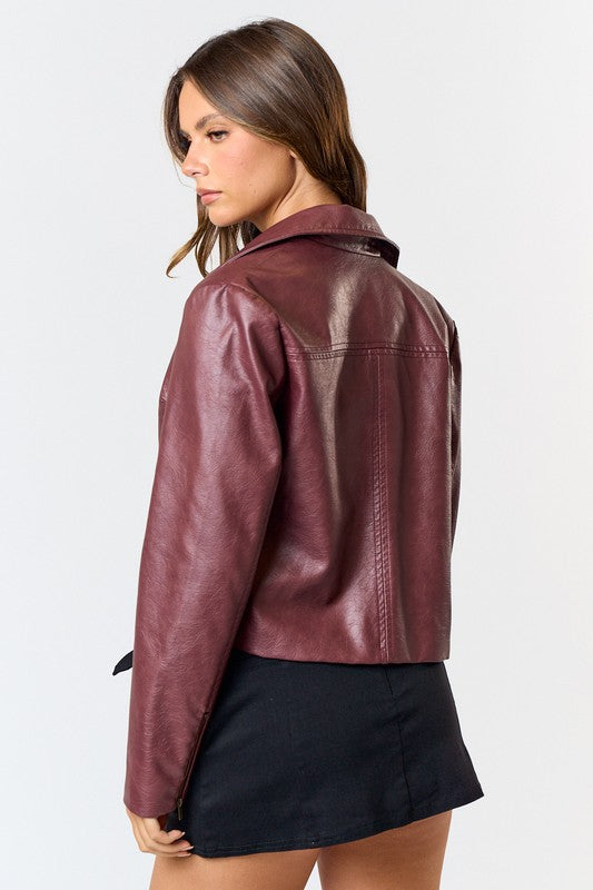 Burgundy Washed Vegan Leather Jacket