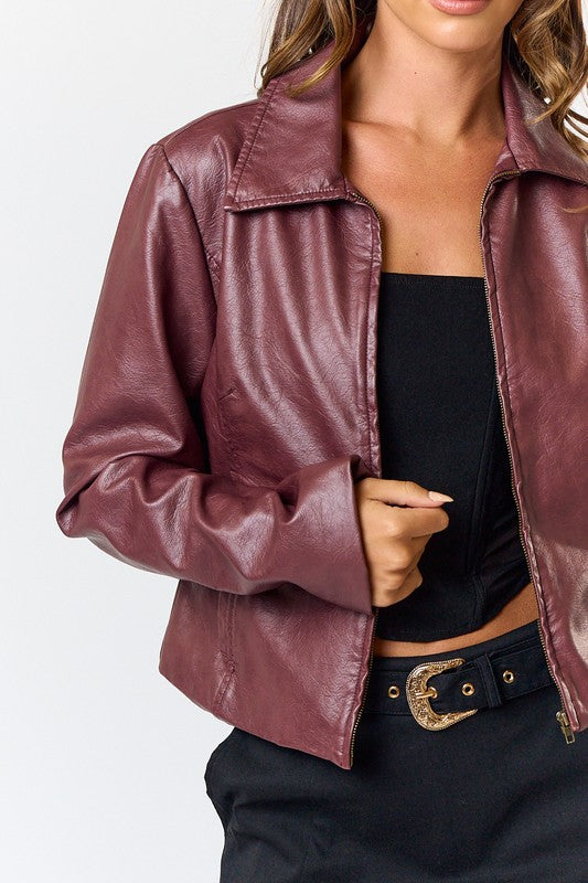 Burgundy Washed Vegan Leather Jacket