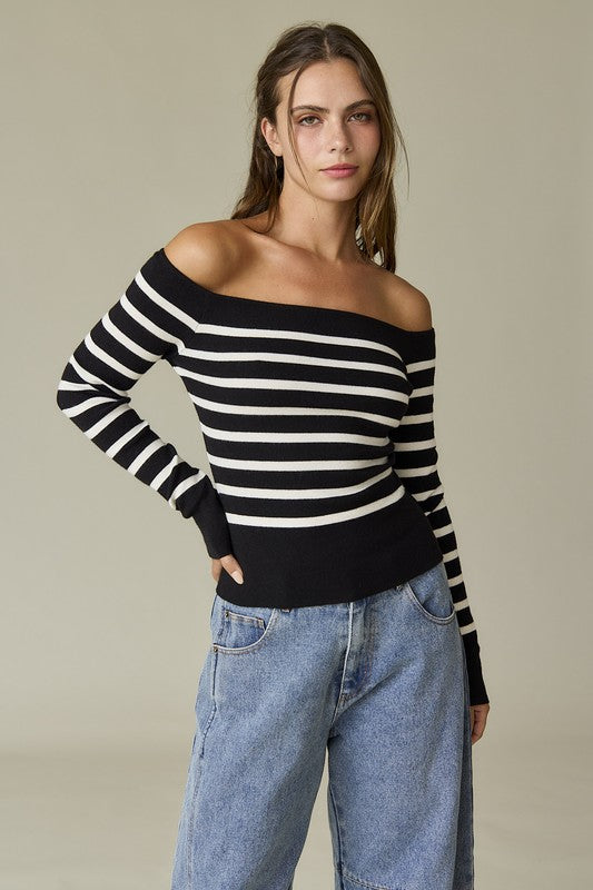 Bella Striped Off Shoulder Long Sleeve Knit Top