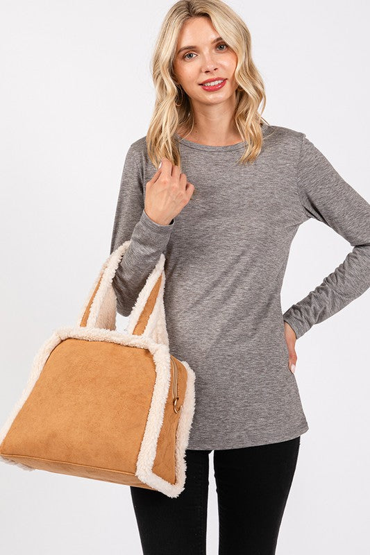 Sherpa Trimmed Crossbody Tote Bag