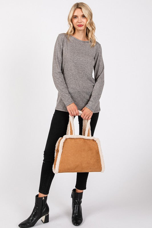 Sherpa Trimmed Crossbody Tote Bag