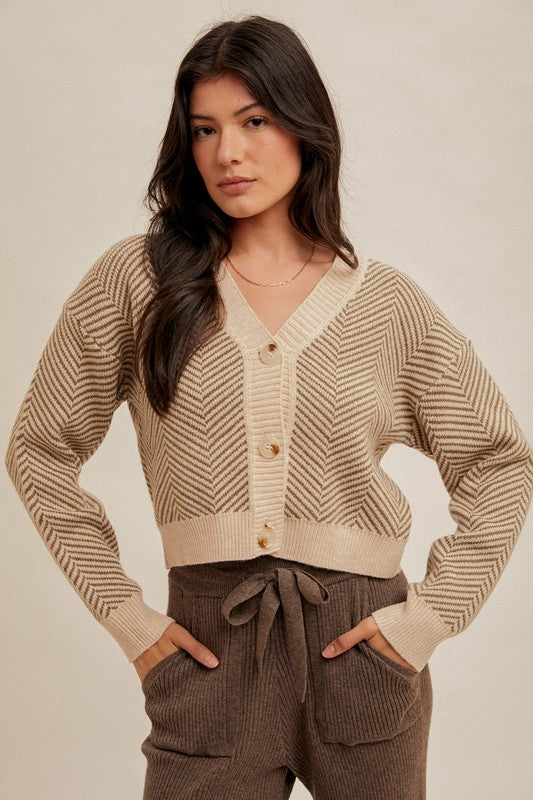 Chevron Box Crop Button-Down Cardigan Sweater