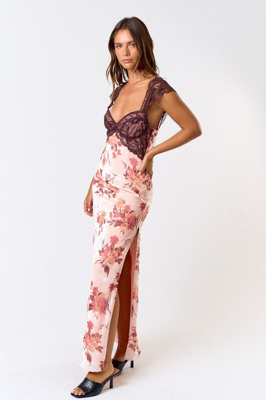 PREORDER - Burnout Velvet Lace Floral Maxi Dress