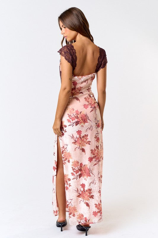 PREORDER - Burnout Velvet Lace Floral Maxi Dress